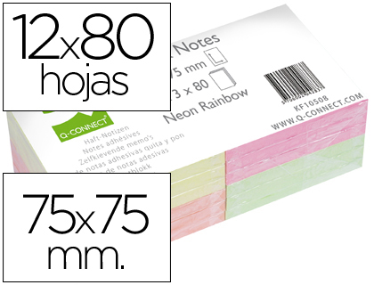 3x4 blocs 80 notas adhesivas quita y pon Q-Connect 75x75mm. Amarillo naranja verde rojo fluorescente